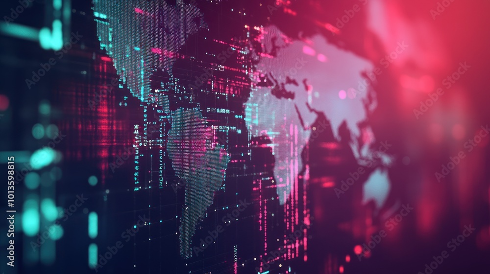 Poster a digital world map with vibrant colors and data overlays, symbolizing technology and connectivity.