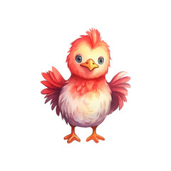 Rooster with red comb, blue wings, yellow beak, and smiling; perfect for children's books, farm animal illustrations, or greeting cards. Generative AI