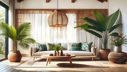 Fototapeta premium Modern Tropical Living Room Interior Design with Rattan Furniture, Plants and Wooden Floors