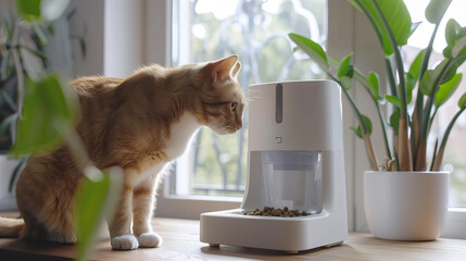 A curious cat observes modern automatic pet feeder placed on wooden table near window, surrounded by lush green plants. scene captures serene moment of pet care and companionship - Powered by Adobe