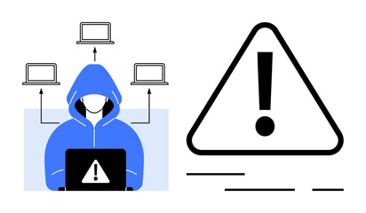 A hooded hacker uses a laptop with a warning symbol and connected laptops. A large exclamation mark warning sign is next to him. Ideal for cybersecurity, hacking, threats, IT security, and warnings