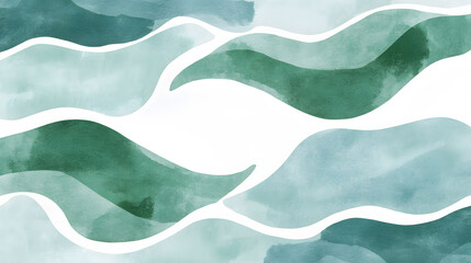 Cottagecore Flowing Waters, Abstract watercolor design with green and blue shapes, white line patterns evoking tranquility and nature.