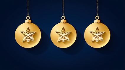 three golden christmas baubles hanging dark blue background golden dust