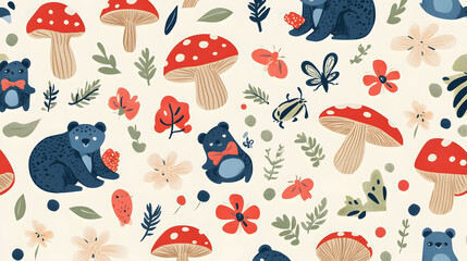 Cottagecore Delight with Whimsical Mushrooms, Frogs, Bears, Butterflies in a Charming Nature Pattern