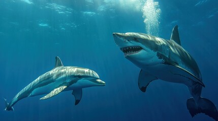 Fototapeta premium Great White Shark and Dolphin Encounter in the Ocean