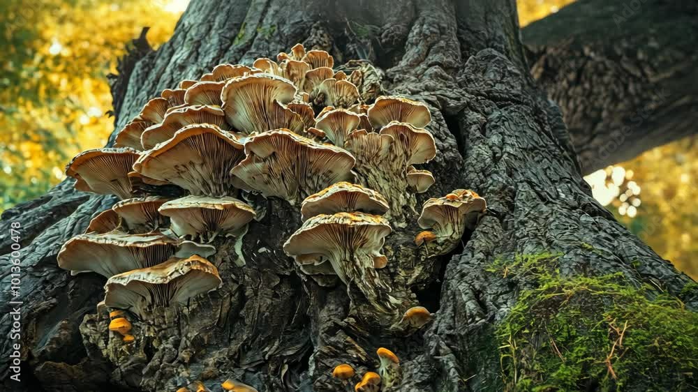 Poster a cluster of mushrooms grows on a large tree trunk in a forest
