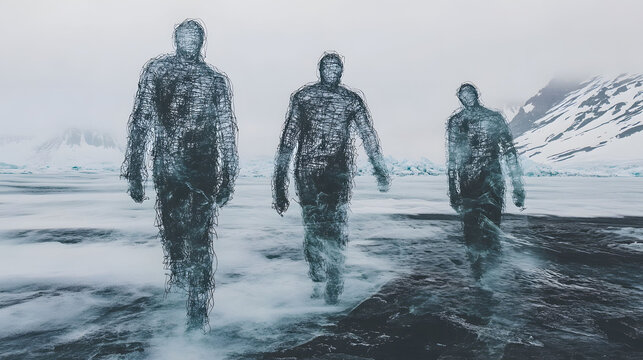 Ethereal Shadows in Antarctica, ghostly figures of chicken wire emerge in a surreal gothic landscape, blending horror with trippy aesthetics