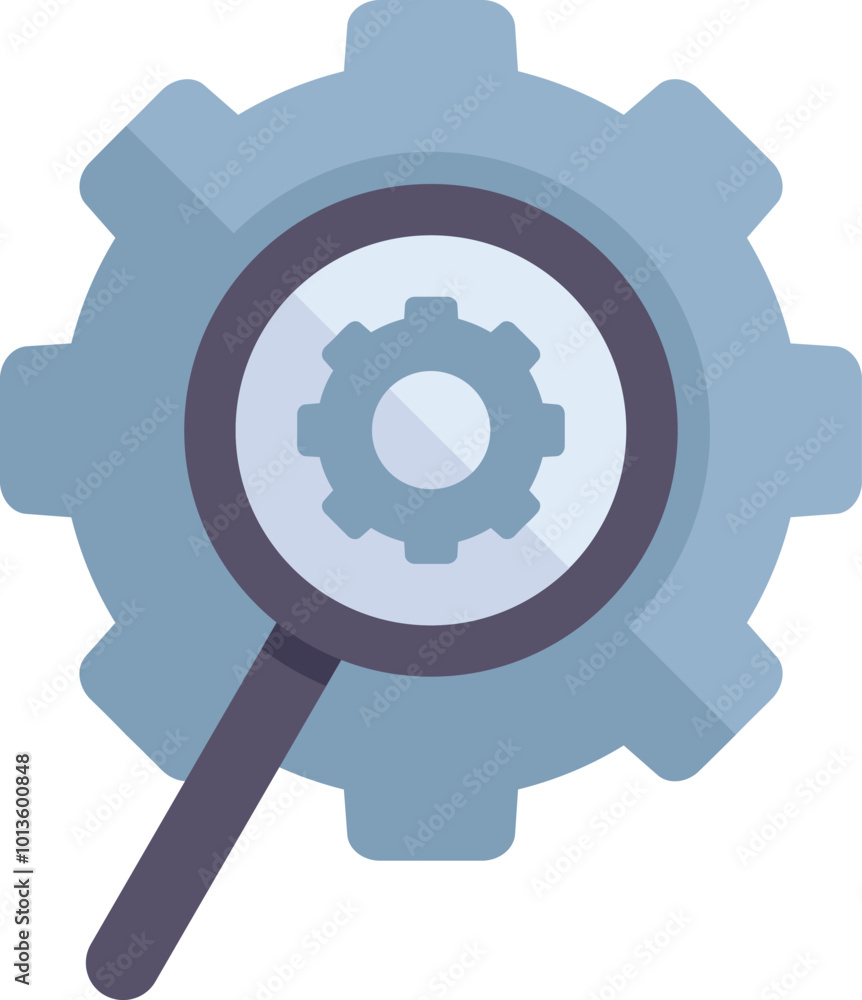 Poster magnifying glass inspecting a gear, symbolizing analysis and problem solving in engineering and busi