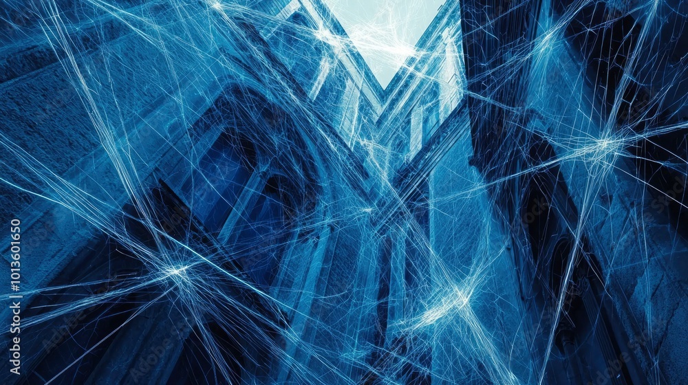Poster an abstract, blue and white, web-like structure, overlaying an image of a building, creating a sense