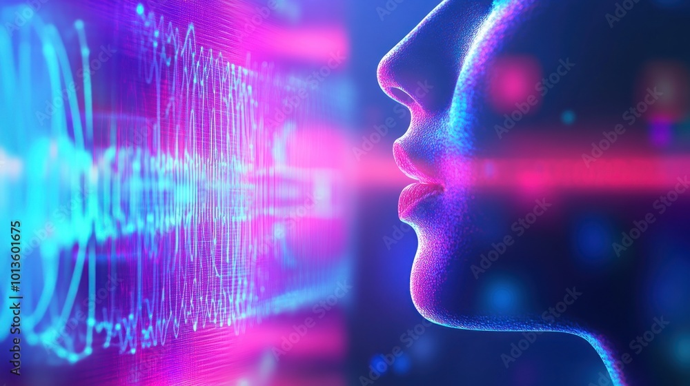 Poster abstract profile of a person with colorful sound waves, symbolizing communication and technology.