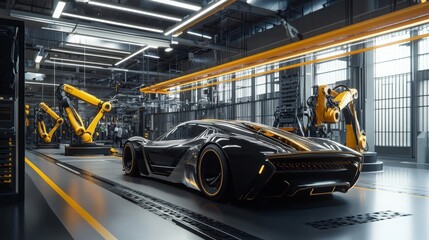 Obraz premium A 3D concept of a supercar factory showcases an automated robotic arm production line, highlighting the advanced technology used in the assembly of sleek black energy electric vehicles