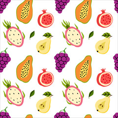 Vibrant fruit pattern with papaya, dragon fruit, pomegranate, grapes, and pear on white