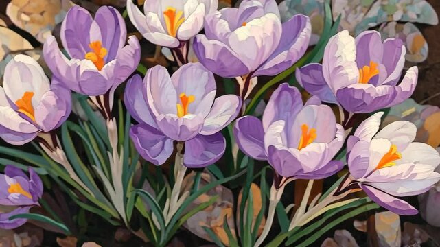 A close-up of purple crocuses blooming in a garden during the spring