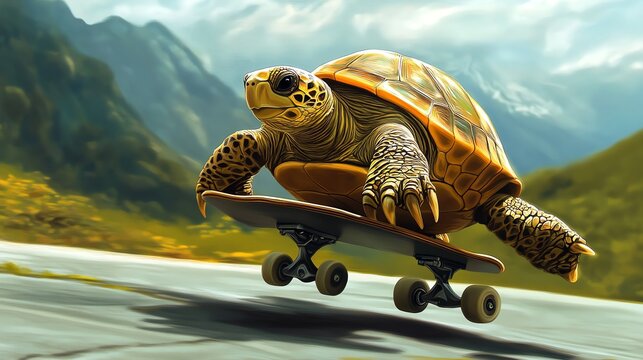A turtle speeds down a road on a skateboard.