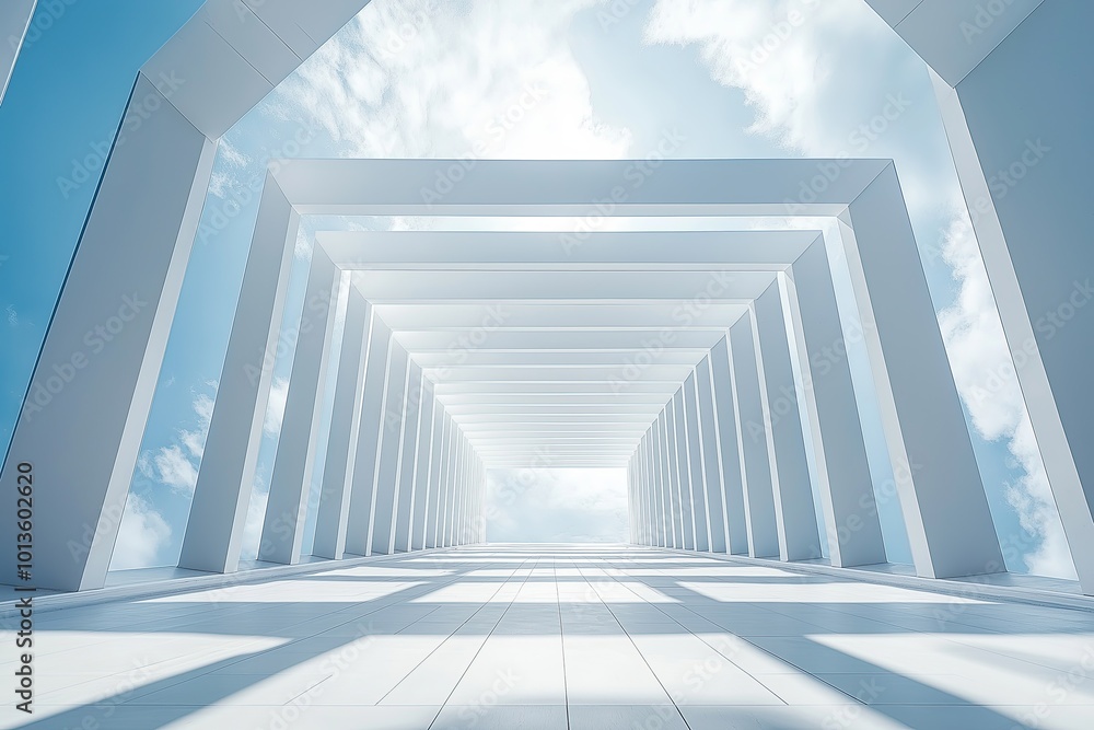 Poster a stunning view of modern architecture with bright light filtering through white structures