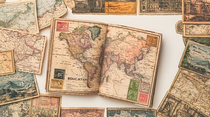 Cultural Exploration.&rdquo;EDUCATION&rdquo;. isolate on white background A collage of colorful passport stamps surrounds an open atlas. The pages depict maps of various countries, emphasizing the interconnectedn