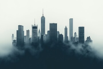 A foggy skyline view of a bustling city in the early morning light, showcasing tall skyscrapers