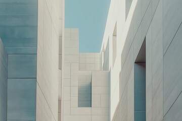 Obraz premium Modern architectural pathways between minimalist concrete structures under a clear blue sky