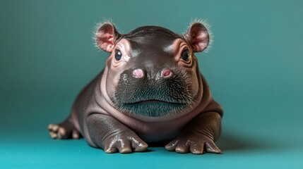 A whimsical depiction of a baby hippopotamus with exaggerated features, resembling a cartoonish stuffed animal, against a soft green background.
