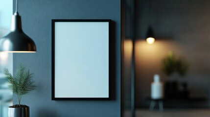 A minimalist wall featuring a blank frame and modern decor in a stylish interior space.