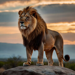 A lion standing on rocks Royalty And Roaring during a sunset