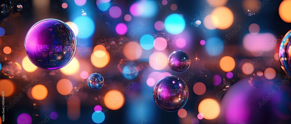 Poster colorful bubbles floating against a vibrant background of bokeh lights, creating a magical and dream