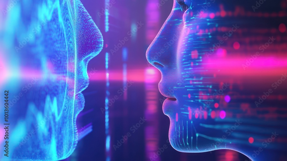 Poster a futuristic digital representation of two faces interacting with data streams.