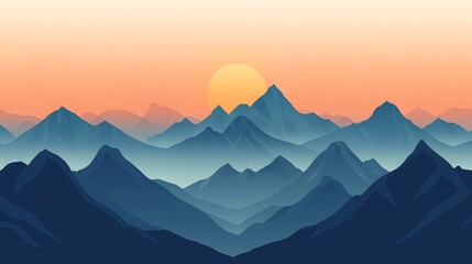 A digital illustration of mountains with a sunrise behind them.