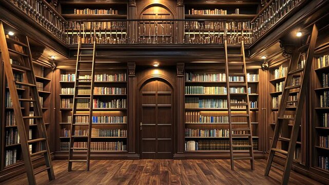 A grand library with wooden bookshelves, ladders, and a large wooden door in the center