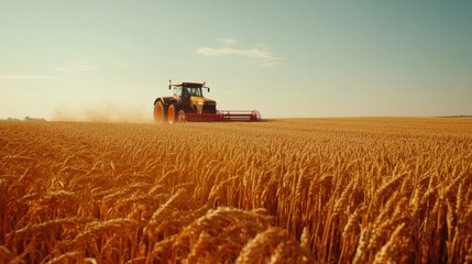 Naklejka premium Tractor Harvesting Wheat in a Golden Field