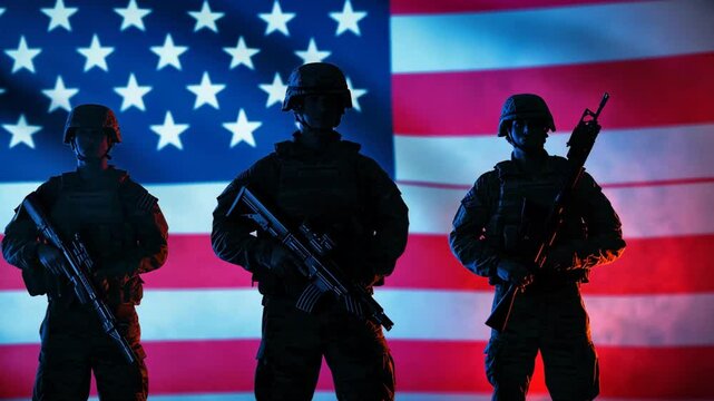 Three soldiers stand in silhouette against an American flag, holding rifles