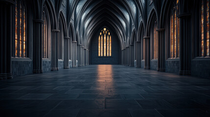 Fototapeta premium Gothic cathedral interior with arches and illuminated stained glass windows.