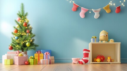 3D Festive Baby Room with Small Christmas Tree and Decor