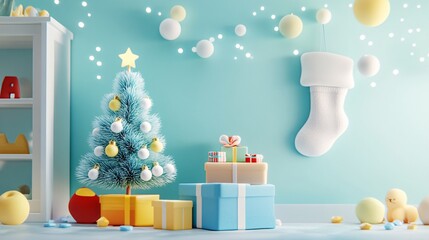 3D Festive Baby Room with Small Tree and Colorful Decor