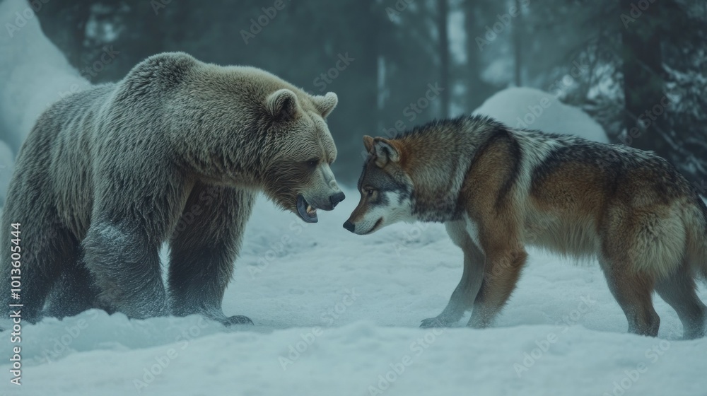 Wall mural A Confrontation in the Snow: A Bear and Wolf Face Off