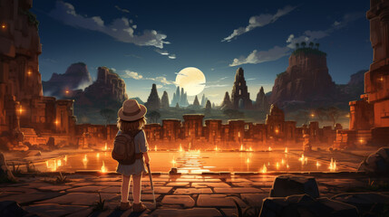 Cartoon animal scientists exploring ancient ruins with quantum gadgets finding magical spells