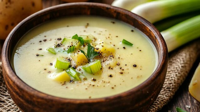 A bowl of creamy potato soup garnished with fresh leeks and parsley