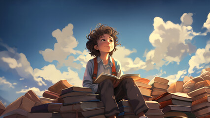 Cartoon young student dreaming big among pile of books under cloudy sky, lost in thought as he gazes into the vast.