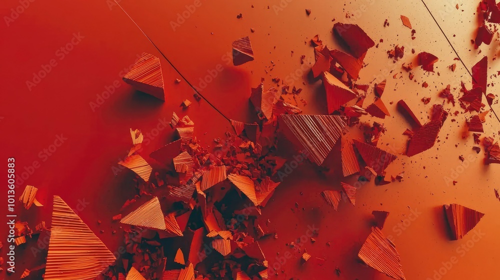 Poster abstract red and orange triangular shapes scattered on a surface