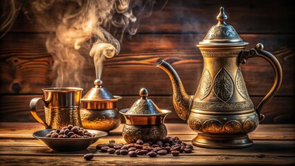 Richly ornamented finjan and dallah pots adorn a rustic wooden background, filled with steaming traditional Arabic coffee, evoking the warmth and hospitality of Middle Eastern culture.