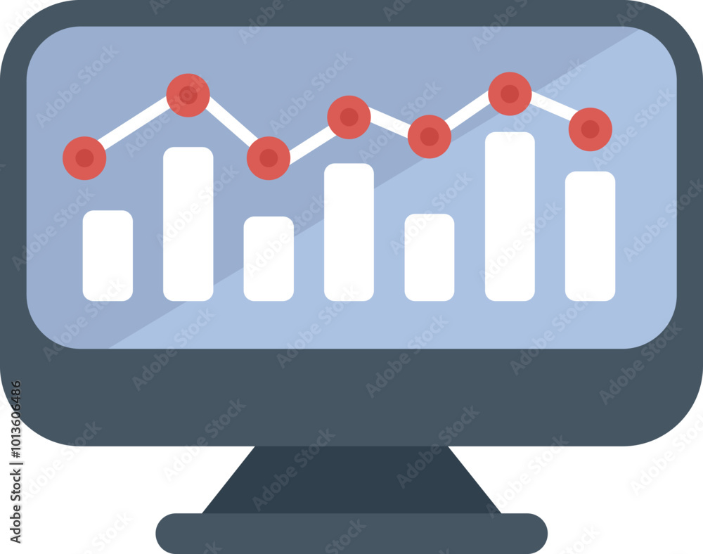 Poster this flat icon design features a desktop computer displaying a graph that's trending upwards
