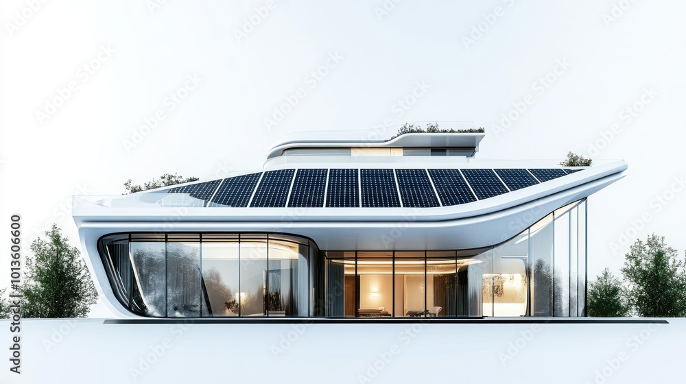 Wall mural Modern White House with Solar Panels and Curved Architecture