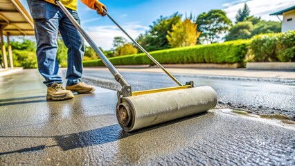 Roller applying mortar cement or finishing material to repair cracks, skim coat, or improve surface of concrete pavement floor or slab for driveway or garage renovation.