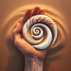 Closeup of Sea Shells is Sitting on The Sand With a Spiral Shape.Summer holiday background