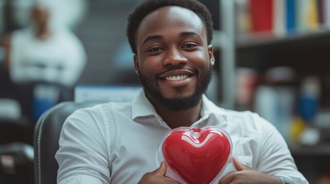Black Businessman Donating Blood For People In Need In Bright Hospital. Female Nurse With Tablet Computer Coming In To Check Progress And Well-Being Of Donor. Donation For Heart Surgery