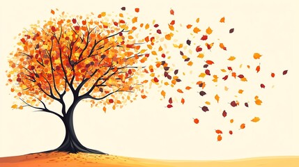 Obraz premium A single tree with orange, red, and yellow leaves with leaves falling in the wind.