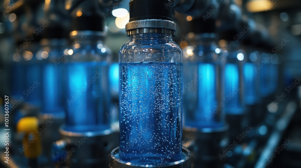 Poster row of blue bottles in industrial setting with bubble patterns