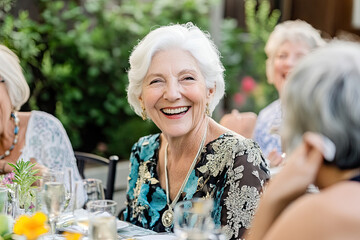 Elderly friends laughing at an outdoor dinner table, with white hair and gray attire.