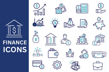 Finance Icon Set. Cash, saving, financial goal, bank, ATM card, profit, budget, mutual fund.