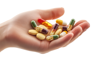 A hand holding a variety of vitamins, with the focus on the connection between supplementation and health, isolated on background.